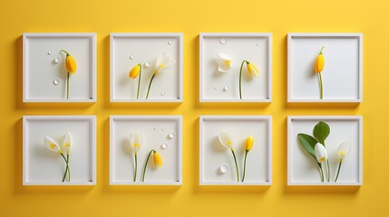  a set of nine white and yellow flowers on a yellow background.  generative ai