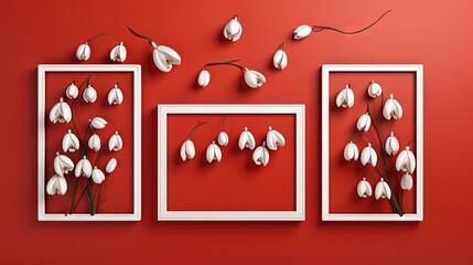 Fototapeta na wymiar a red wall with three white frames and a bunch of flowers. generative ai