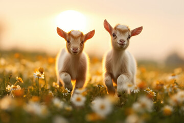 Little funny baby goats in the wild