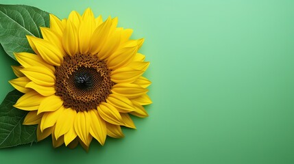  a large sunflower with green leaves on a green background.  generative ai