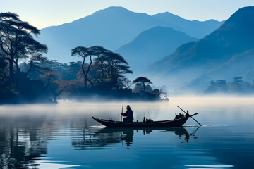 japanese fishing scenic painting, minimalist