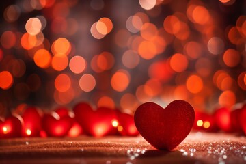 Valentine's day greeting card. Red hearts on the table with bokeh lights.