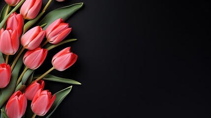  a bouquet of red tulips on a black background.  generative ai