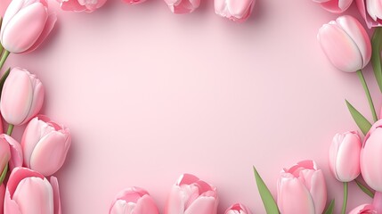  pink tulips on a pink background with a place for text.  generative ai