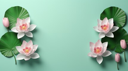  two pink flowers with green leaves on a blue background with a light green back ground.  generative ai