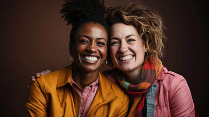 
LGBT young interracial women couple. Portrait of friends. Coworkers. Modern and cheerful thirtysomething women smiling. Background with copy space.