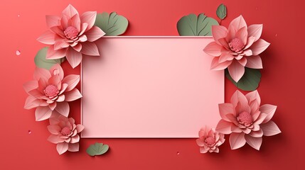  a paper flower frame on a red background with leaves and petals.  generative ai