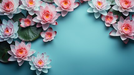  a group of pink flowers with leaves on a blue background.  generative ai