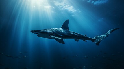 A hammerhead shark gliding effortlessly, its unique silhouette unmistakable. - obrazy, fototapety, plakaty