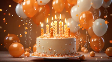 Fotobehang  a birthday cake with lit candles surrounded by orange and white balloons.  generative ai © Shanti