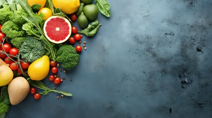  a variety of fruits and vegetables on a blue surface with a gray background.  generative ai