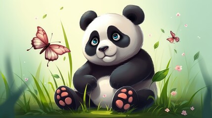 panda sitting in the grass with butterflies in the background