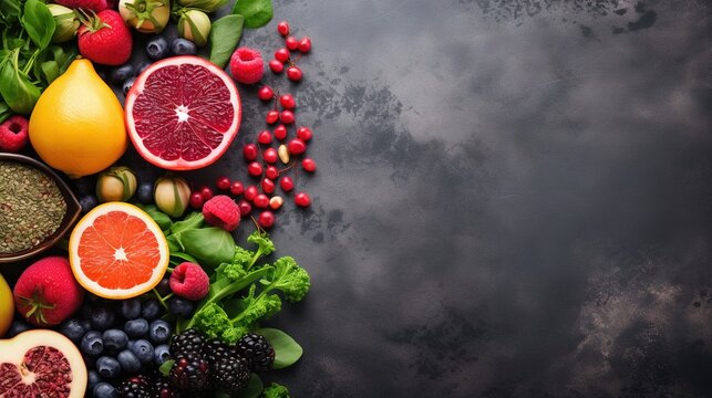  a variety of fruits and vegetables on a dark background with space for text.  generative ai