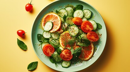  a plate of sliced cucumbers, tomatoes, and other vegetables.  generative ai