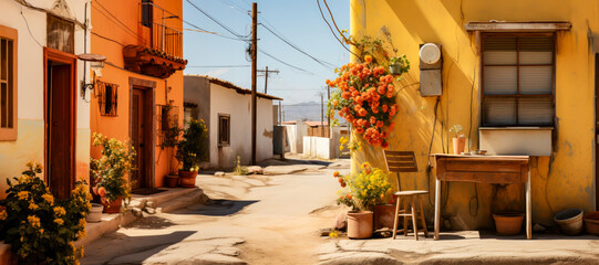typical mexican village street, yellow with flowers on the façades