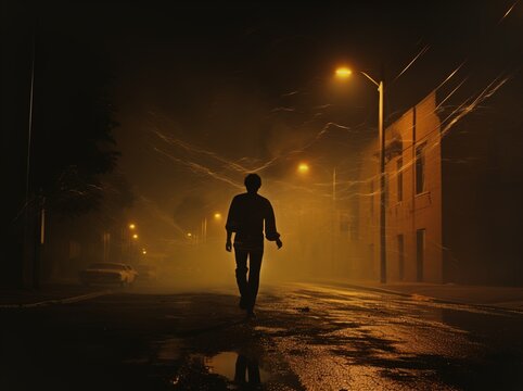 Silhouette of a mysterious person walking on a foggy, dimly lit street at night. Great for stories about crime, suspense, horror, loneliness, mystery, horror and more. 