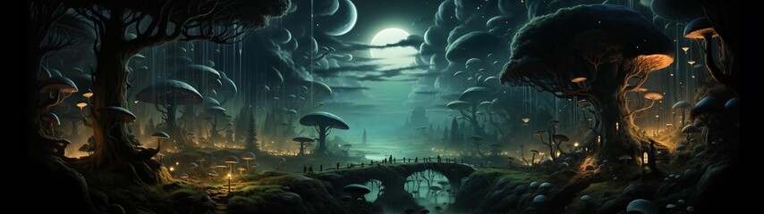 fondo panorámico para doble pantalla o banner de un bosque mágico de hongos lunares en un noche de fantasía y surrealismo