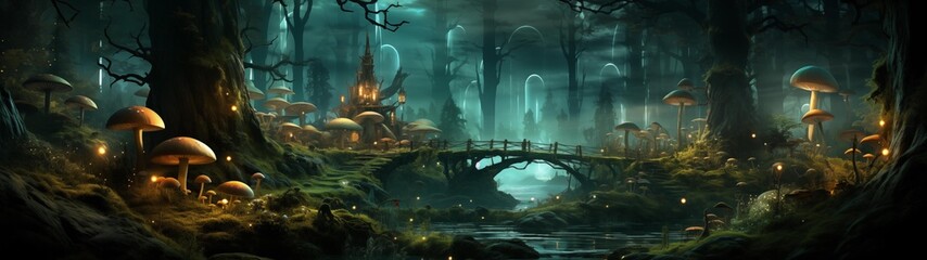 fondo panorámico para doble pantalla o banner de un bosque embrujado con hongos en una noche de fantasía y misterio