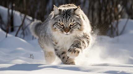 Fototapeta na wymiar Wild cat in winter forest. Wildlife scene from nature. Lynx in winter forest.