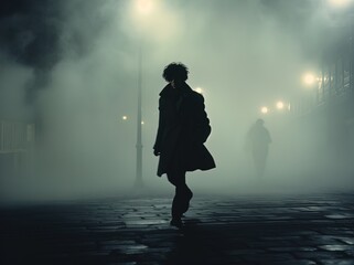 Silhouette of a mysterious person walking on a foggy, dimly lit street at night. Great for stories about crime, suspense, horror, loneliness, mystery, horror and more. 