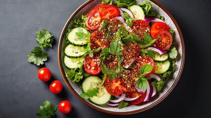  a salad with cucumbers, tomatoes, onions and herbs.  generative ai