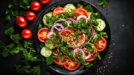  a salad with tomatoes, cucumbers, onions and herbs.  generative ai