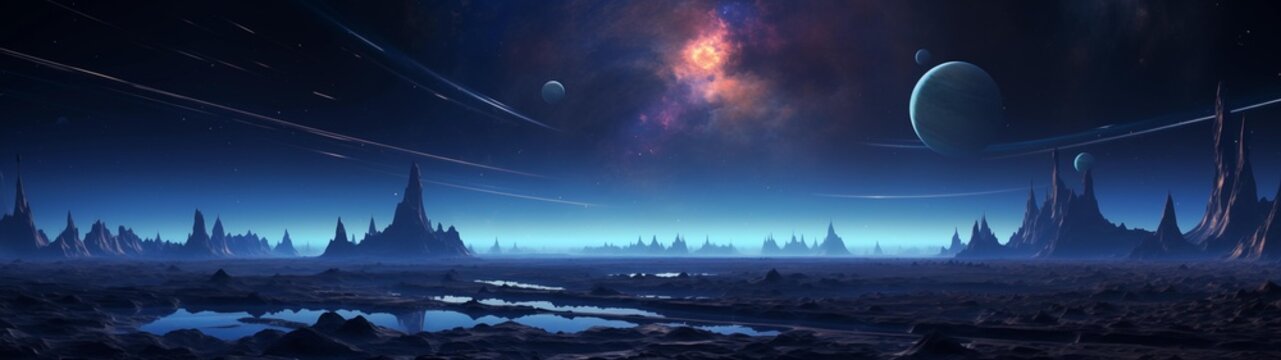 fondo panorámico para doble pantalla o banner de un paisaje extraterrestre futurista en una noche de ciencia ficción y aventura