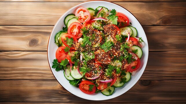  a white plate topped with cucumbers and tomatoes and topped with seasoning.  generative ai