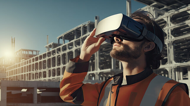 Portrait, man as an architect working wearing VR glasses on the head.
