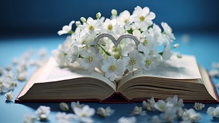  an open book with a ring on top of it and white flowers.  generative ai
