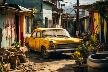 typical mexican village street, a yellow abandoned car