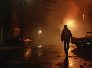 Fototapeta premium Silhouette of a mysterious person walking on a foggy, dimly lit street at night. Great for stories about crime, suspense, horror, loneliness, mystery, horror and more. 