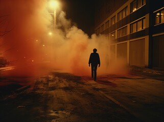 Silhouette of a mysterious person walking on a foggy, dimly lit street at night. Great for stories about crime, suspense, horror, loneliness, mystery, horror and more. 