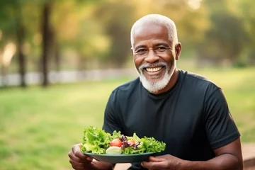 Plexiglas foto achterwand African old man eating healthy salad after exercising in the park in sportswear during the day © A Denny Syahputra