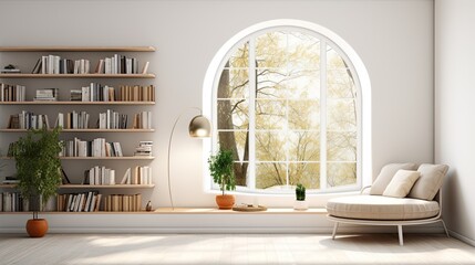 A library inside a stylish modern house. Natural light and cozy atmosphere. - obrazy, fototapety, plakaty