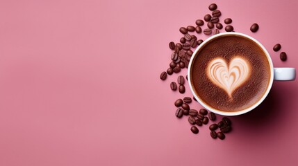  a cup of coffee with a heart drawn on it surrounded by coffee beans.  generative ai
