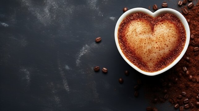  a cup of coffee with a heart shape on top of coffee beans.  generative ai
