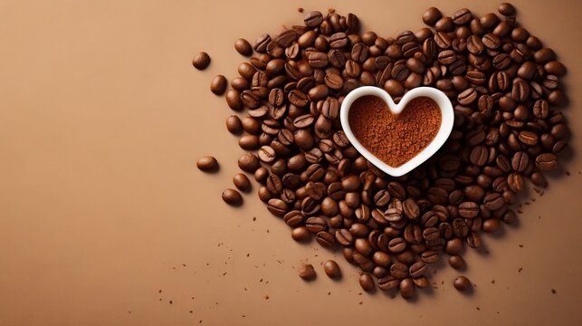  a heart shaped bowl filled with coffee beans and coffee beans.  generative ai