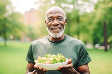 African old man eating healthy salad after exercising in the park in sportswear during the day