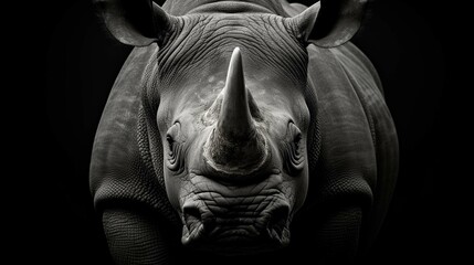Highly alerted rhinoceros monochrome portrait. Fine art