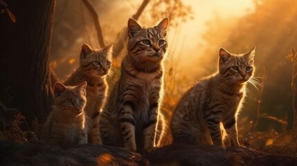 Obraz premium Kittens sit on a rock in the rays of the setting sun