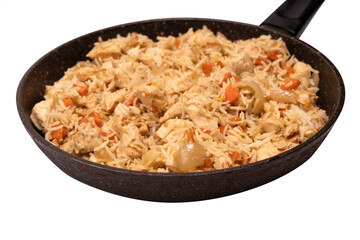 Tasty pilaf with chicken in a frying pan.