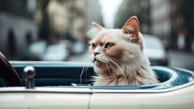 Cute cat is sitting in the car and looking at the camera