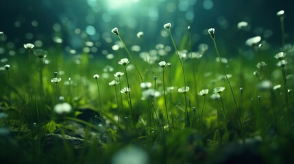  a field of green grass with water droplets on it and a bright sun in the background.  generative ai