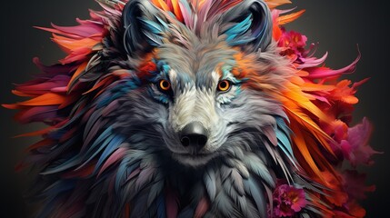  a colorful wolf with feathers on its head and eyes, with a black background.  generative ai