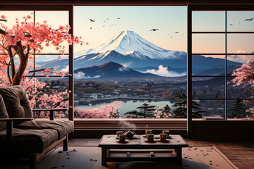 relax japanese scenic painting minimalist - obrazy, fototapety, plakaty