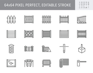 Fence types line icons. Vector illustration include icon - chainlink, wood, blinds panels, masonry, artistic forging metal gates outline pictogram for guardrail. 64x64 Pixel Perfect, Editable Stroke