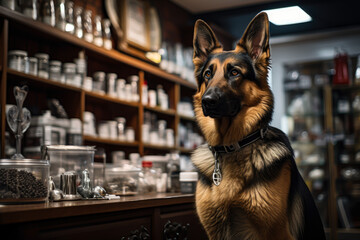 a german shepherd dog at the veterinarian's office, sitting and waiting