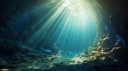 Fototapeta na wymiar An underwater cavern teeming with fish, sun rays filtering through cracks, illuminating the depths.