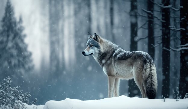 Wild wolf in winter forest. Wildlife scene